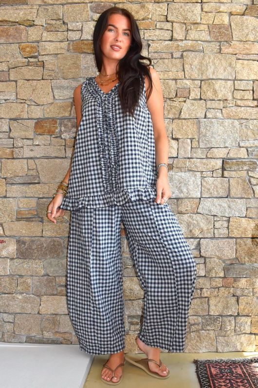 Nonni Gingham Relaxed Barrel Pant Navy